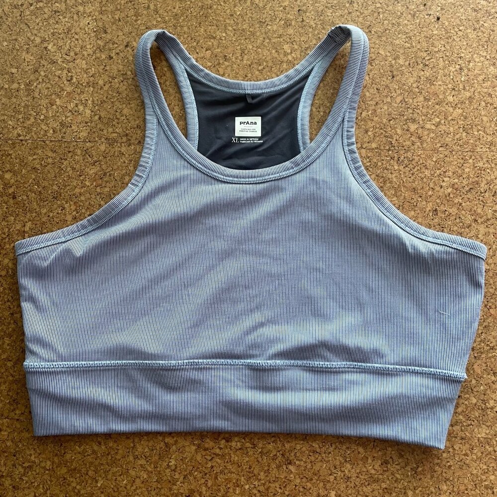 prAna Light Blue Striped Sports Bra